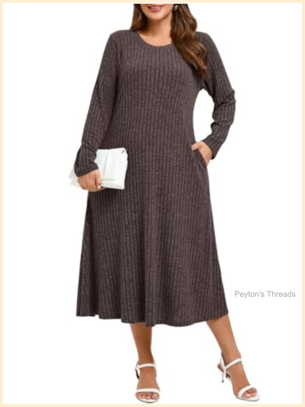 Plus Size Sweater Dress Long Sleeve Midi Crew Neck Pockets